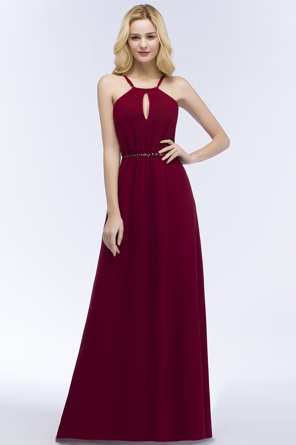BMbridal Burgundy Spaghetti Straps Long Bridesmaid Dress with Beading Sash-BMbridal