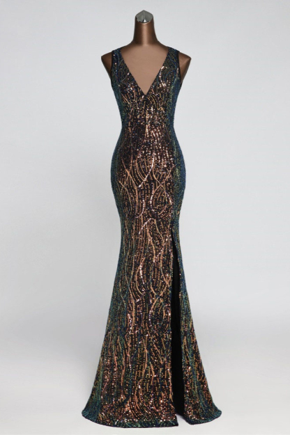 BMbridal Luxury V-Neck Backless Sequins Mermaid Prom Dresses with Front Slit