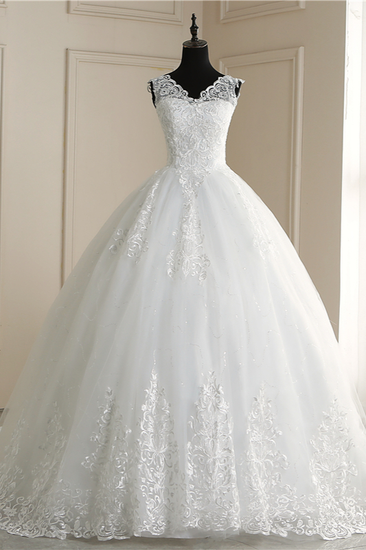 BMbridal Elegant V-Neck Tull Lace White Wedding Dress Sleeveless Appliques Bridal Gowns On Sale-BMbridal