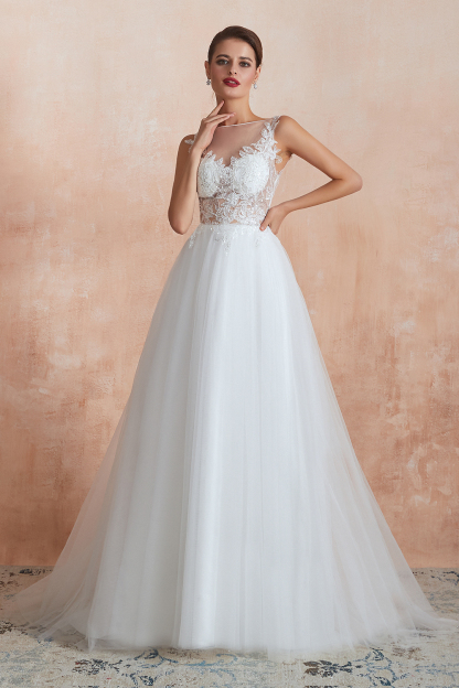 BMbridal Exquisite Sequins White Tulle Affordable Wedding Dresses with Appliques