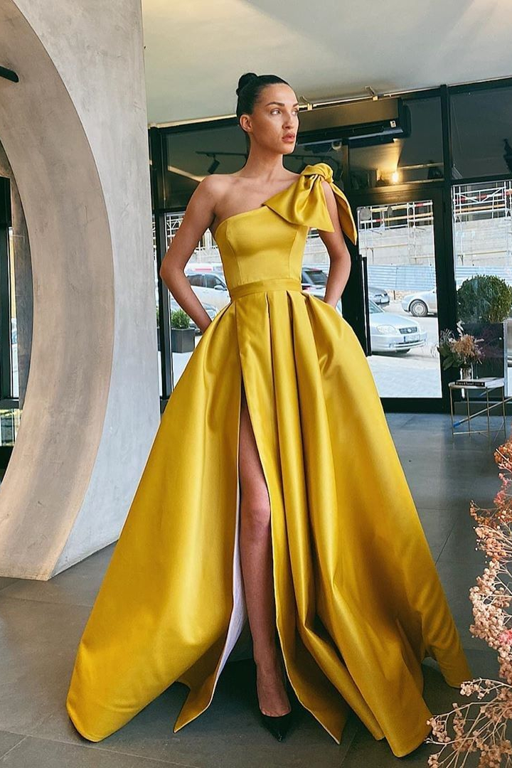 Bmbridal Yellow One Shoulder Sleeveless A-Line Long With Slit
