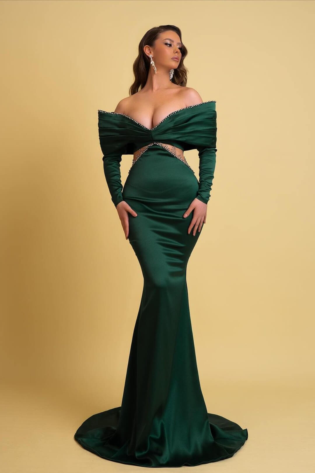 Classy Mermaid Off-the-shoulder Long Sleeve Rhinestone Satin Prom Dress
