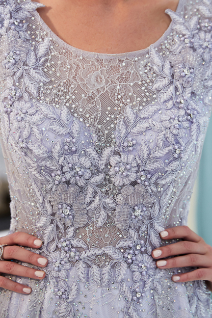 BMbridal Glamorous A-line Jewel Sleeveless Prom Dresses Lace Appliques Formal Dresses with Pearls