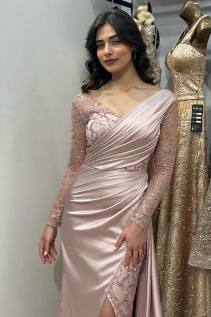 Bmbridal Pink Long Sleevs V-Neck Prom Dress Mermaid Split With Sequins