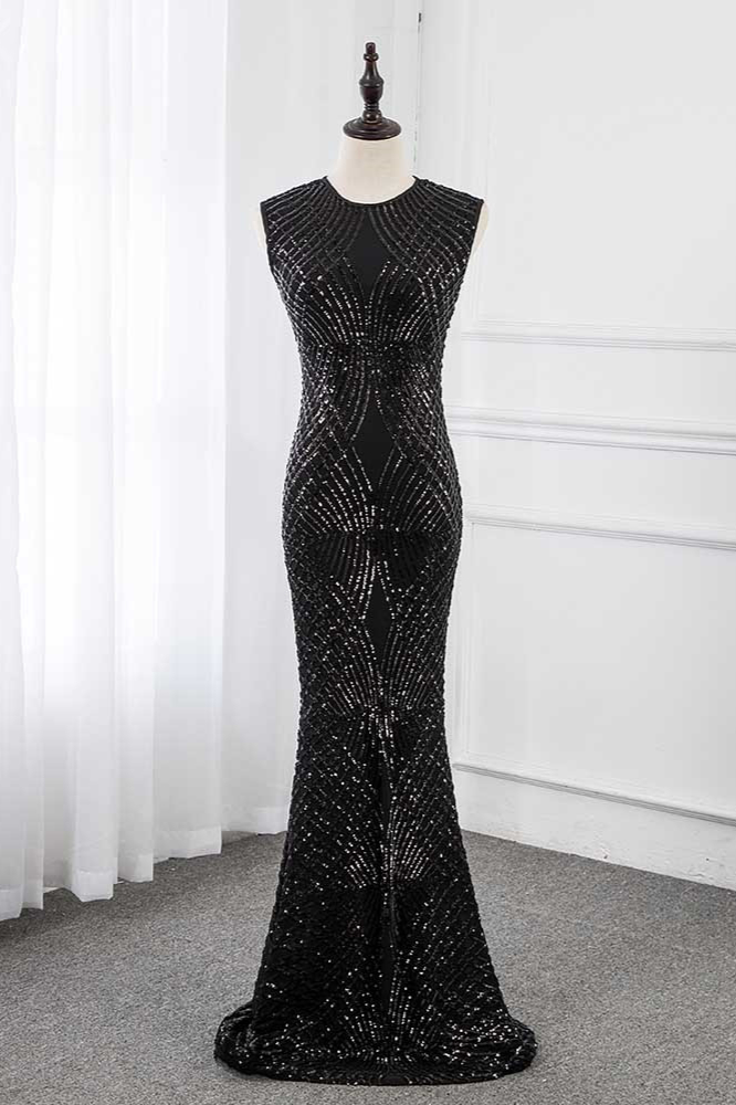 BMbridal Gorgeous Jewel Sleeveles Black Mermaid Prom Dresses with Beadings