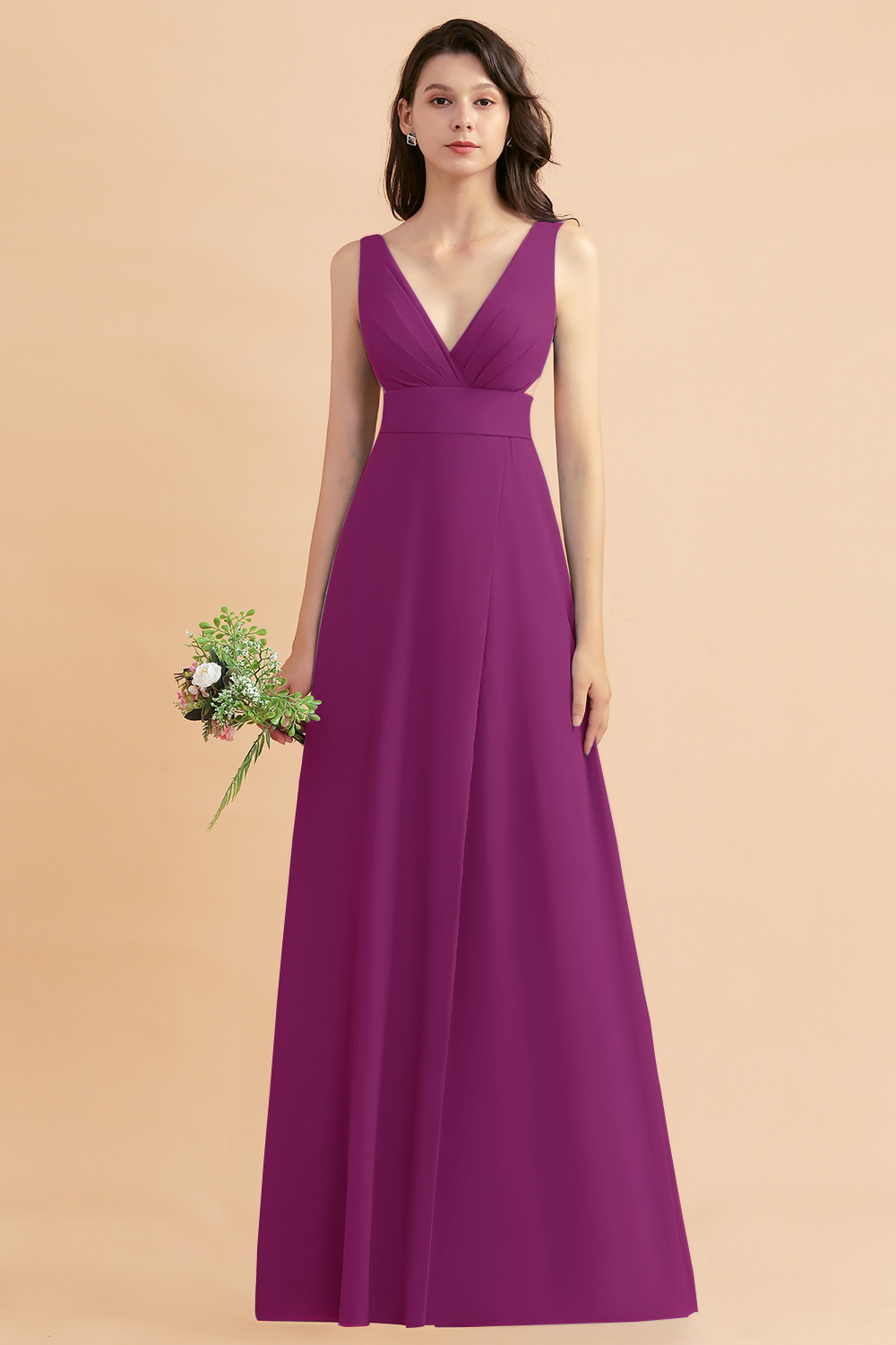 BMbridal A-Line Dusty Blue Chiffon Ruffles Bridesmaid Dress with Slit-BMbridal