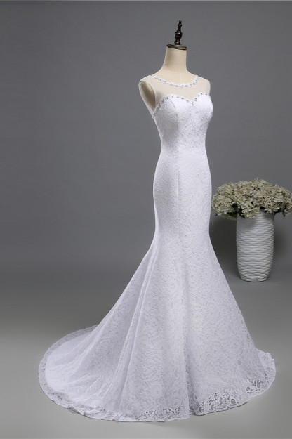 BMbridal Gorgeous Jewel Lace Mermaid Wedding Dress Sleeveless Appliques Bridal Gowns with Rhinestones-BMbridal