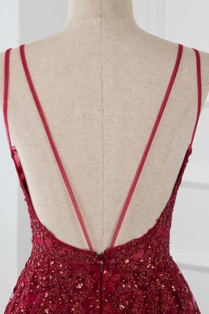BMbridal Gorgeous Spaghetti Straps Burgundy Prom Dresses with Beading Appliques