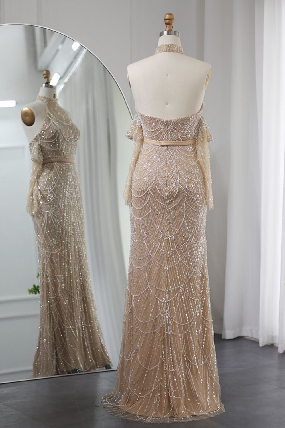 Bmbridal A-Line Pearl Pink Halter Sleeveless Tulle Prom Dresses with Beadings