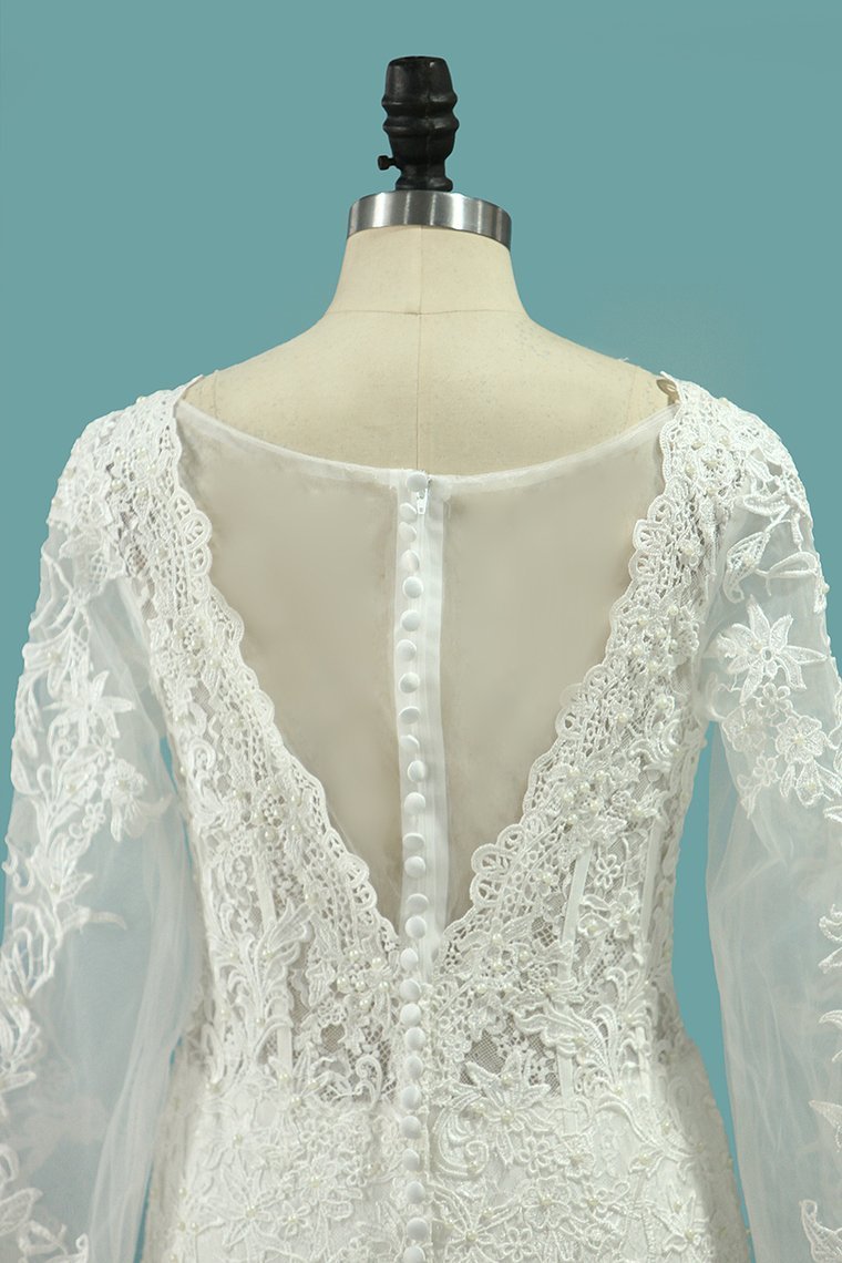 BMbridal Elegant Square Tulle Lace Wedding Dress Mermaid Long Sleeves Appliques Bridal Gowns On Sale-BMbridal