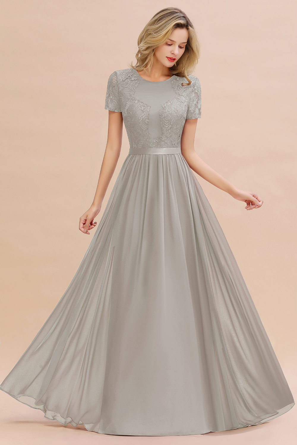 BMbridal Elegant Chiffon Lace Jewel Short-Sleeves Affordable Bridesmaid Dress-BMbridal