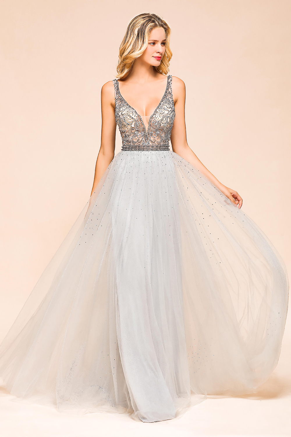 BMbridal Charming V-Neck Tulle Long Prom Dress With Crystals On Sale