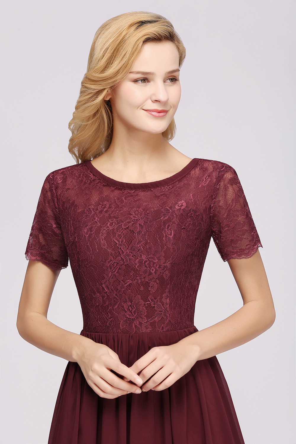 BMbridal Elegant Dark Navy Long Lace Bridesmaid Dresses with Short-Sleeves-BMbridal