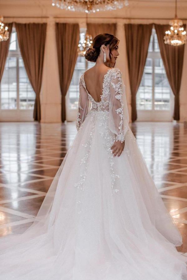 Bmbridal Long Sleeve Wedding Dress V-Neck With Lace Appliques-BMbridal