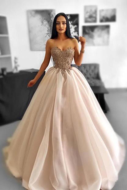 Bmbridal Ball Gown Sweetheart Floor-Length Sleeveless Prom Dresses with Beadings