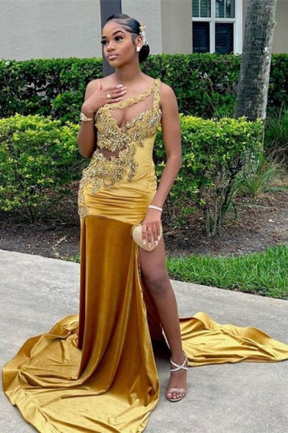 Bmbridal One Shoulder Gold Prom Dress Mermaid Split Long With Beads