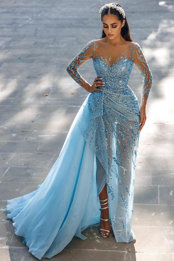 BMbridal Long Sleeves Sky Blue Prom Dresses Mermaid Tulle With Beadings Slit