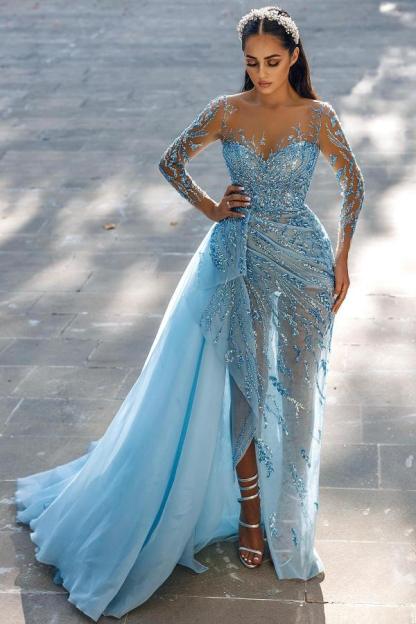 BMbridal Long Sleeves Sky Blue Prom Dresses Mermaid Tulle With Beadings Slit