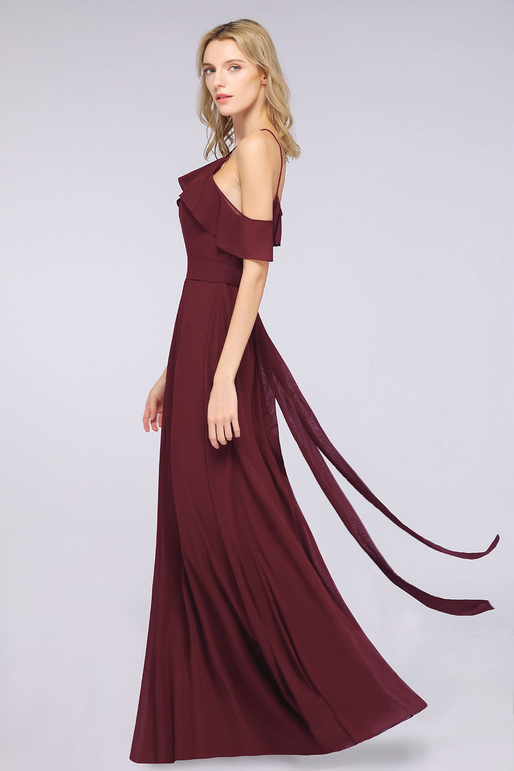 BMbridal Affordable Spaghetti Straps Burgundy Long Bridesmaid Dress With Bow Sash-BMbridal
