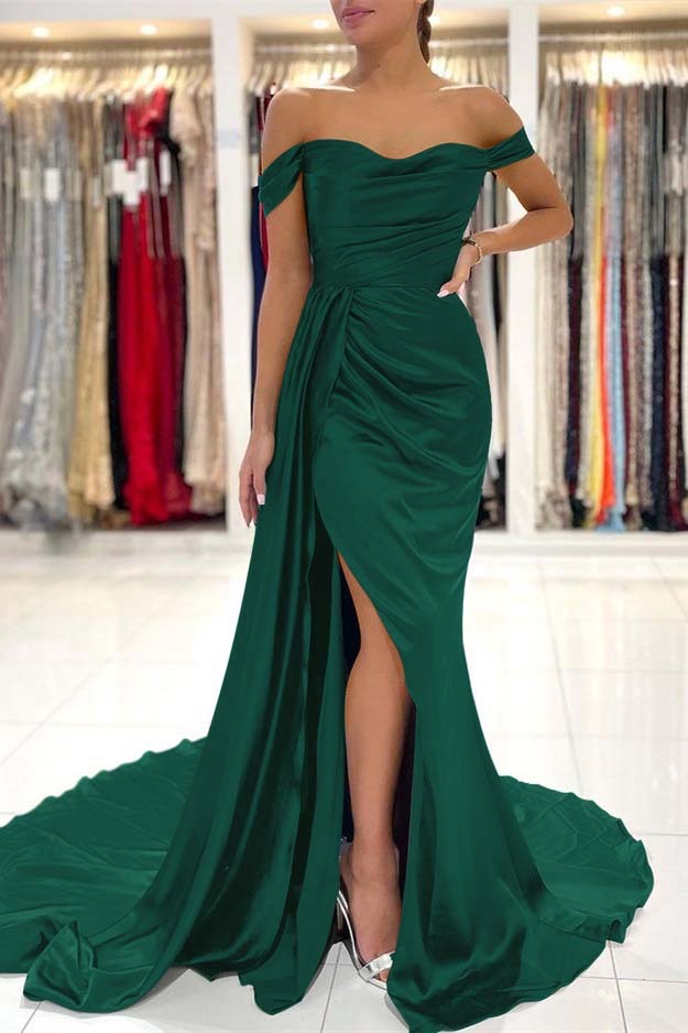 Mermaid Dark Green Pleated Off the Shoulder Long Prom Dress Split With Ruffles