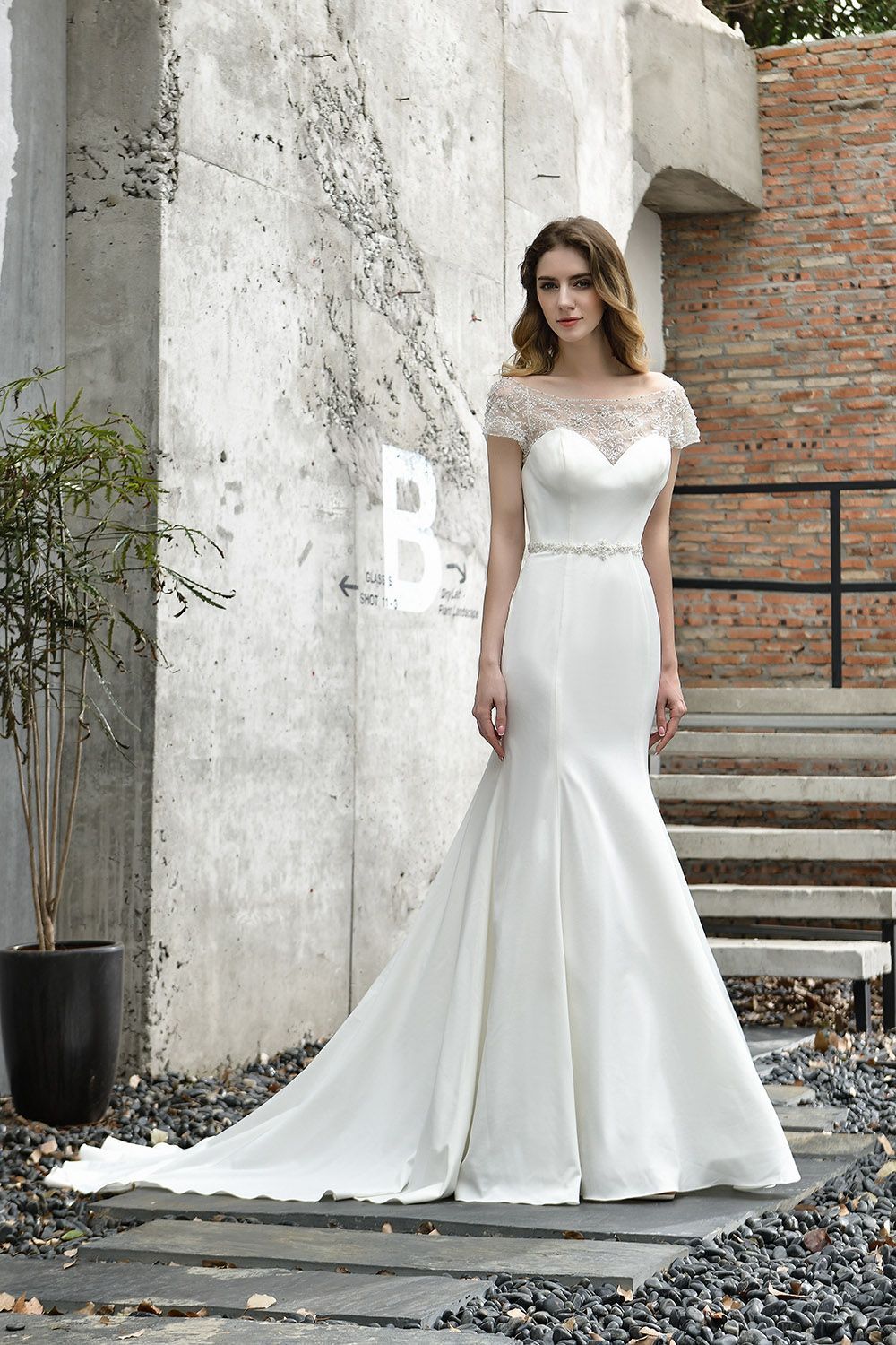 BMbridal Mermaid Satin Lace Off the Shoulder Affordable Ivory Wedding Dress