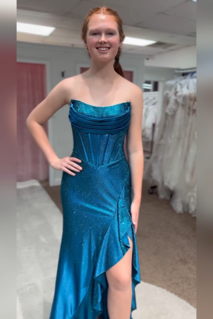 Sparkly Orange Strapless Mermaid Beaded Long Corset Prom Dress with Ruffles