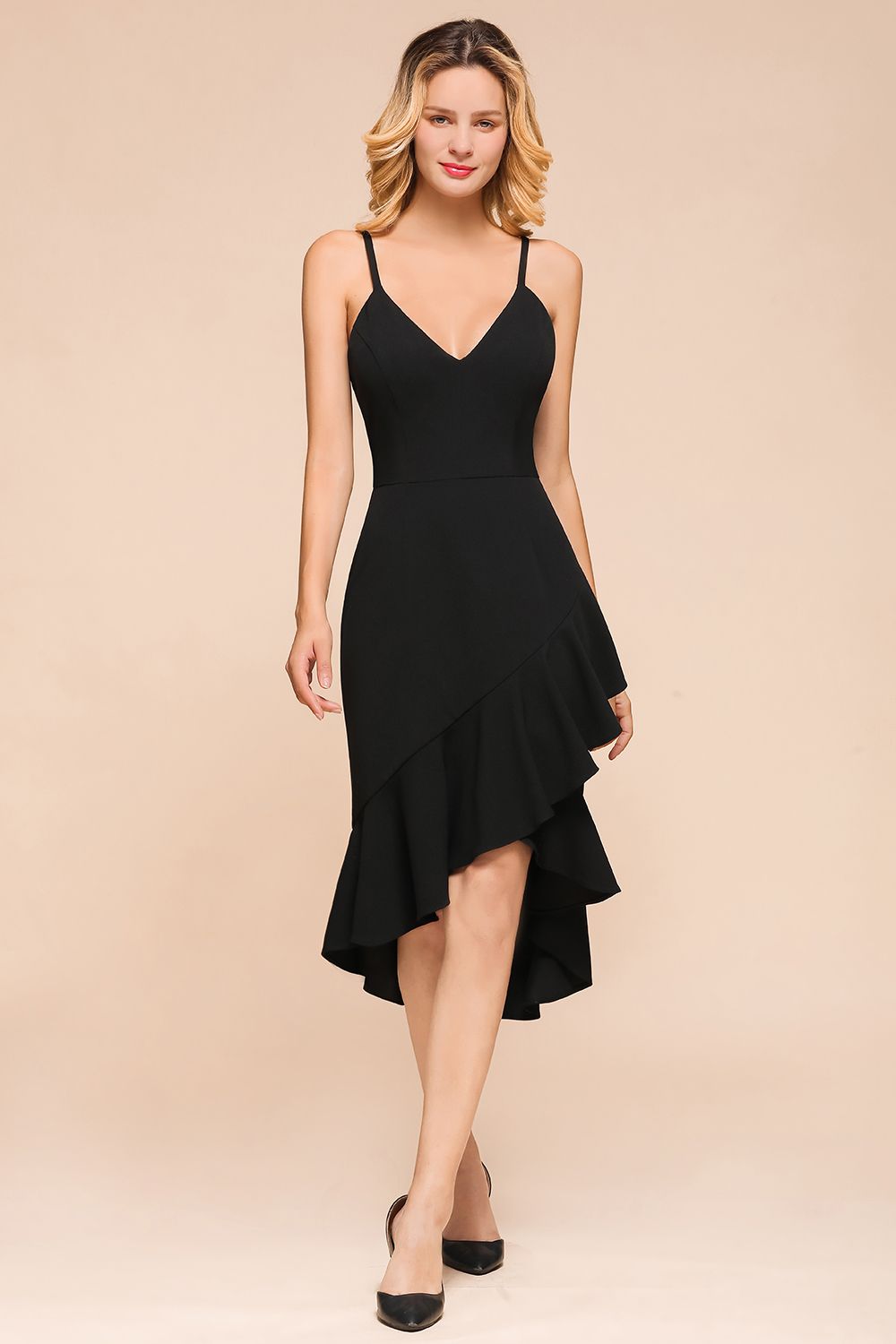 BMbridal Sexy Black Spaghetti-Strap Short Prom Dress Mermaid Ruffles Homecoming Dress