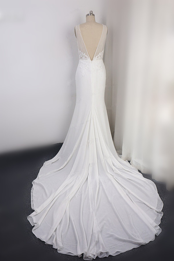 BMbridal Sexy Deep-V-Neck Chiffon Sheath Wedding Dress Lace Appliques Sleeveless Pearls Bridal Gowns Online-BMbridal