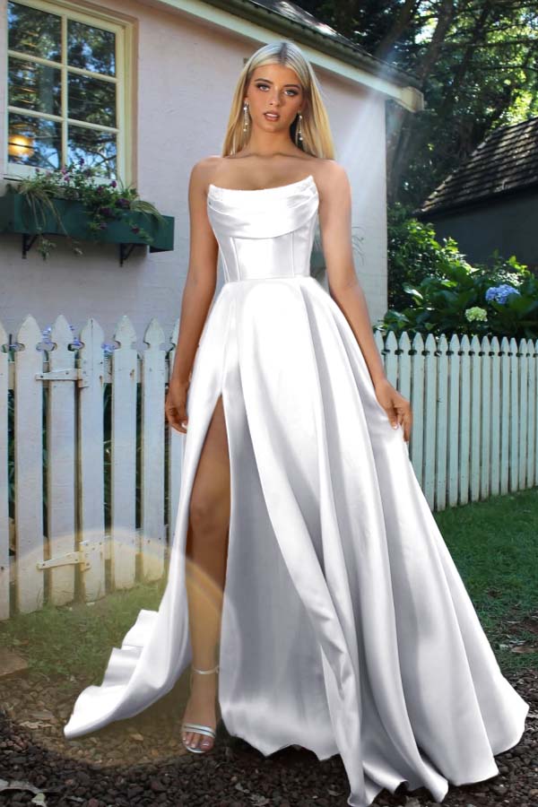 Strapless Sleeveless A Line Long Prom Dress With Split Pleated