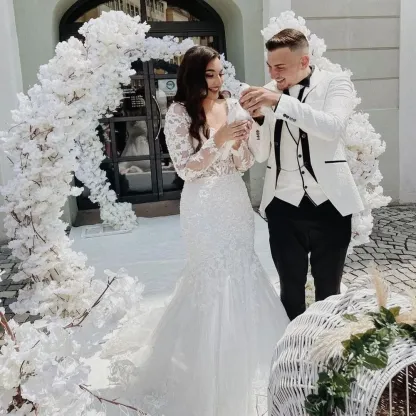 Vintage Long Lace Open Back Mermaid Wedding Dress with Sleeves