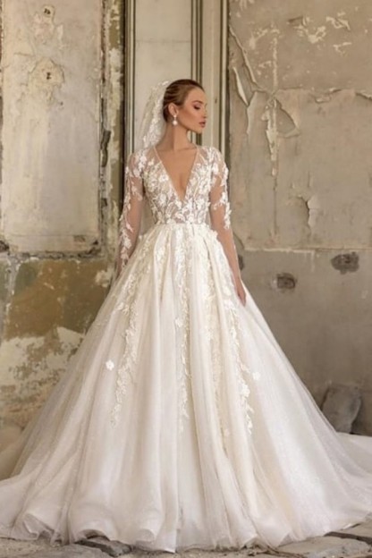 Chic Deep V-Neck Floor-Length Long Sleeves A-Line Wedding Dress Tulle with Appliques Lace Ruffles