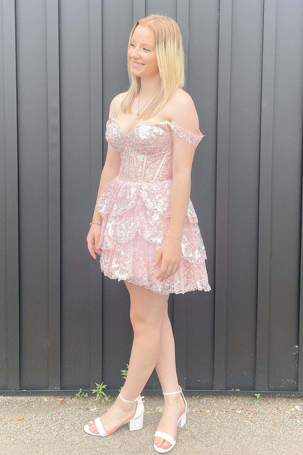 Sparkly White Corset Tiered Lace A-Line Short Homecoming Dress