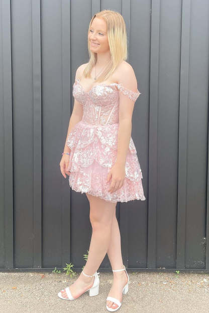 Sparkly White Corset Tiered Lace A-Line Short Homecoming Dress