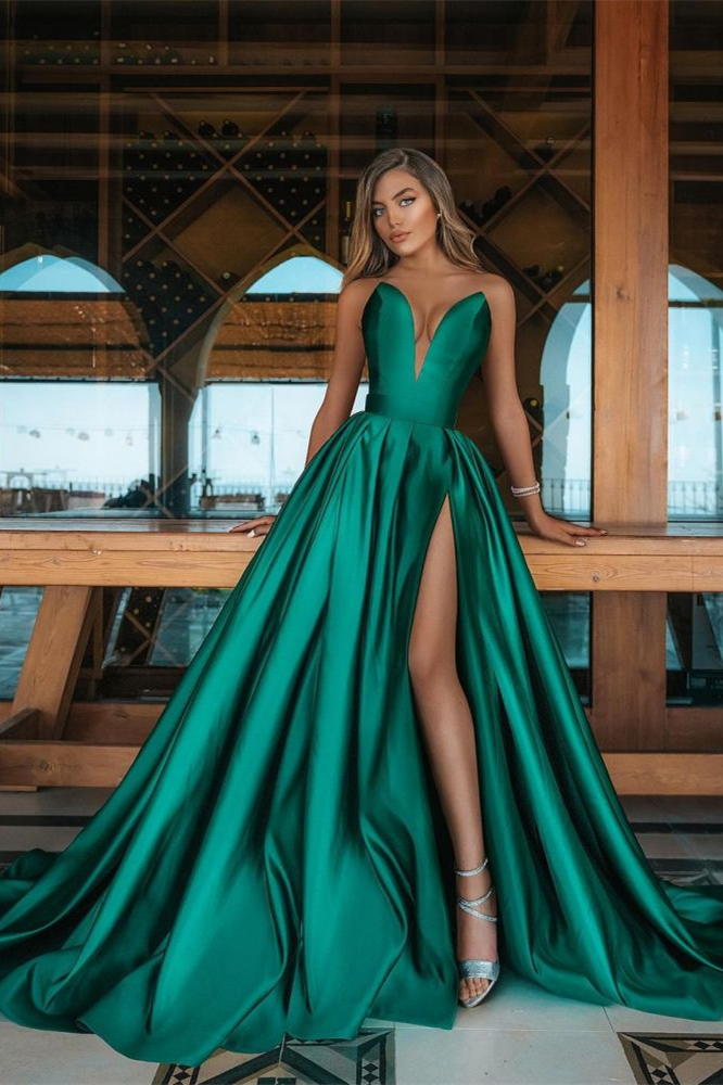 Long Deep V Neck Sleeveless Emerald A Line Green Prom Dress With Side Split