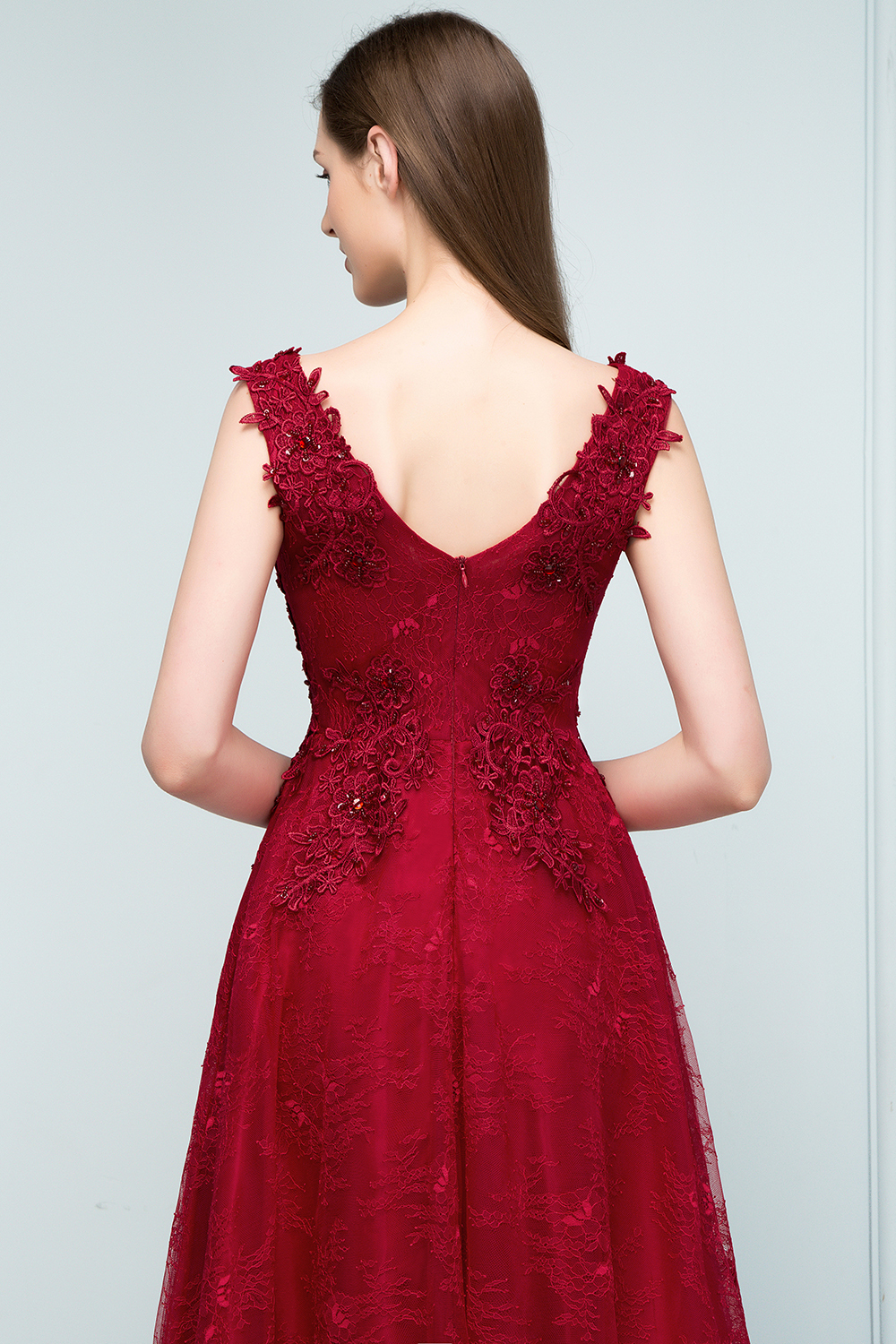 BMbridal Burgundy V-Neck Lace Prom Dress Long Evening Party Gowns With Appliques