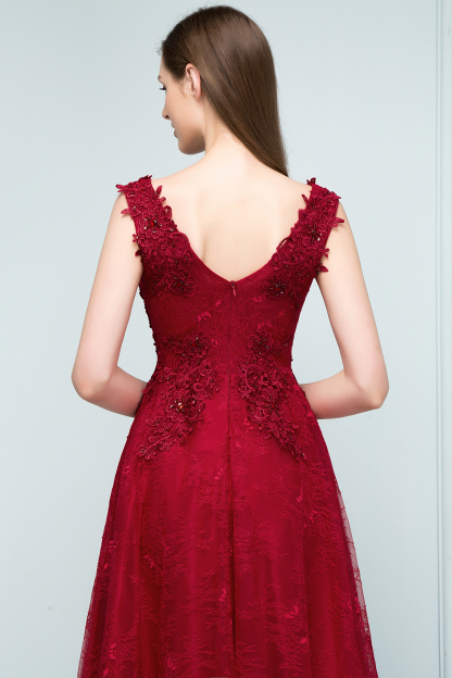 BMbridal Burgundy V-Neck Lace Prom Dress Long Evening Party Gowns With Appliques