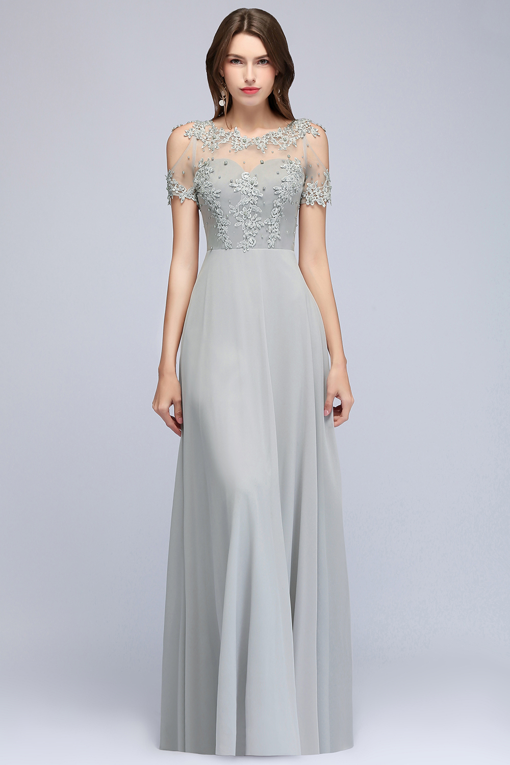 BMbridal Short Sleeve Lace Appliques Long Prom Party Dress
