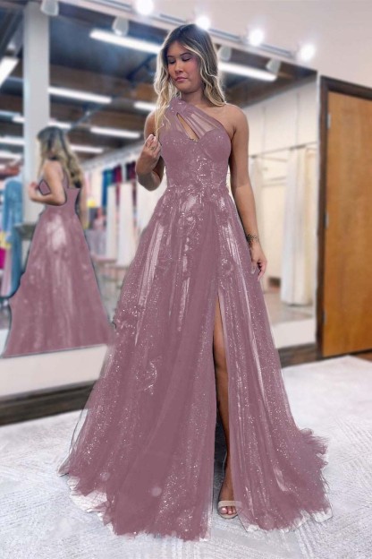 Black One Shoulder A Line Prom Dress Side Split Tulle With Appliques