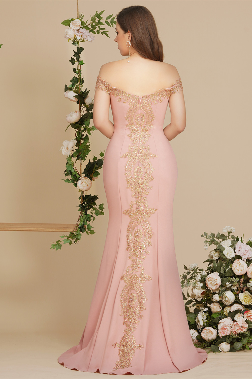 Bmbridal Pink Off-the-Shoulder Prom Dress Mermaid With Lace Appliques