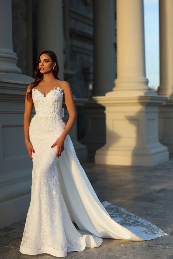 Bmbridal Sweetheart Mermaid Wedding Dress Bowknot With Lace-BMbridal