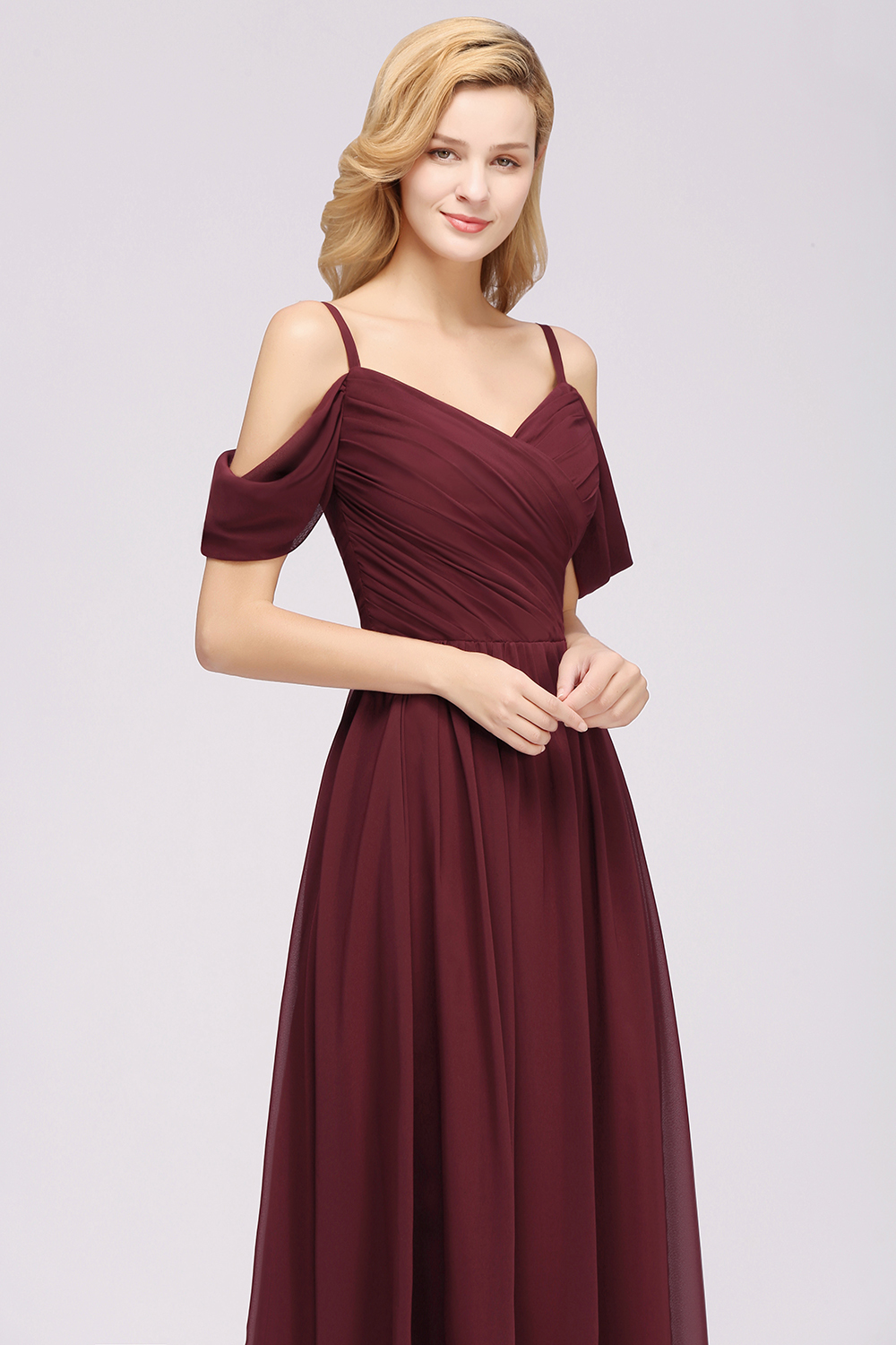 BMbridal Chic Off-the-shoulder Burgundy Bridesmaid Dress with Spaghetti Straps-BMbridal