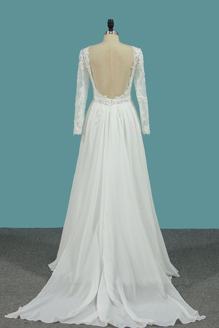 BMbridal Elegant Jewel Long Sleeves Wedding Dress Chiffon Tulle Lace Ruffles Bridal Gowns Online-BMbridal