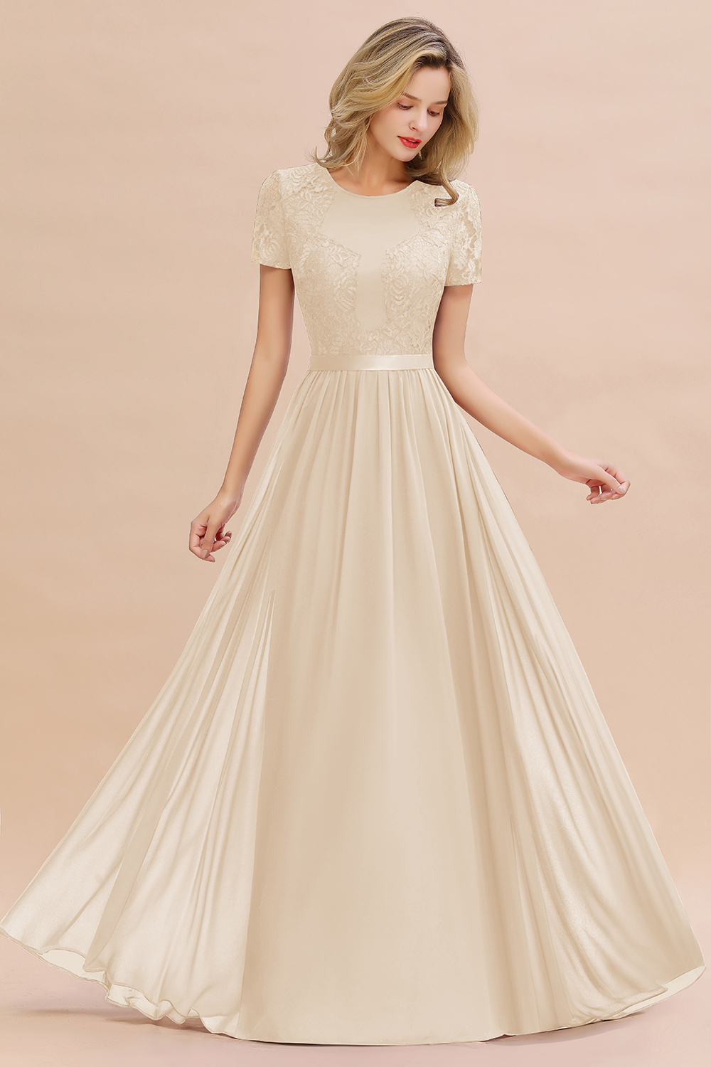 BMbridal Elegant Chiffon Lace Jewel Short-Sleeves Affordable Bridesmaid Dress-BMbridal