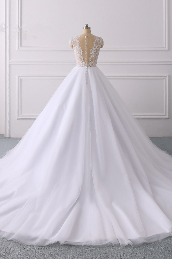 BMbridal Modern Ball Gown Jewel Tulle Ruffles Lace Wedding Dress Appliques Short-Sleeves Bridal Gowns On Sale-BMbridal