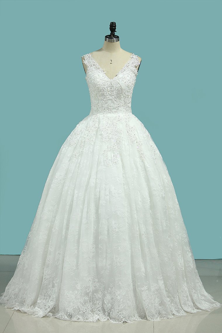 BMbridal Glamorous Jewe Tull Lace Wedding Dress Appliques Sleeveless Beadings Bridal Gowns Online-BMbridal