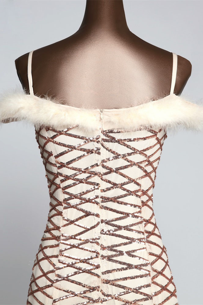 BMbridal Glamorous Sequined Off-the-Shoulder Mermaid Prom Dresses with Fur