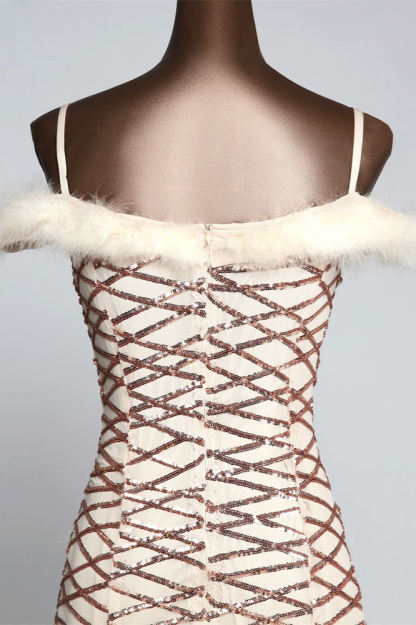 BMbridal Glamorous Sequined Off-the-Shoulder Mermaid Prom Dresses with Fur