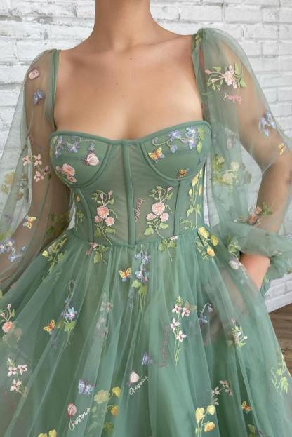 Bmbridal Long Sleeves Sage Green Prom Dress Tulle With Flowers