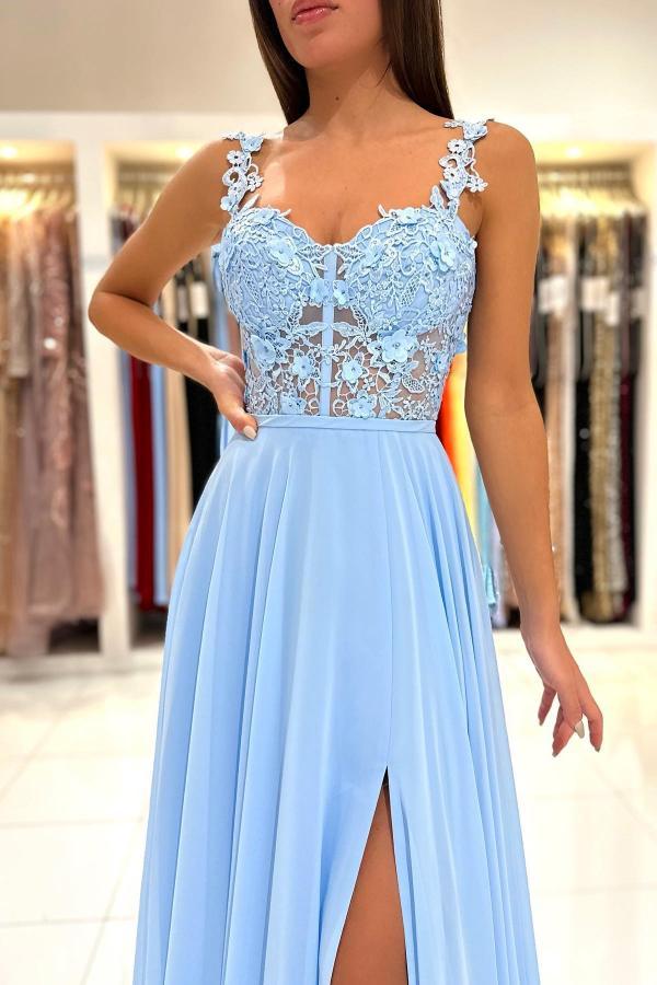 Bmbridal Sky Blue Sleeveless Long Prom Dress Slit Sleeveless With Appliques