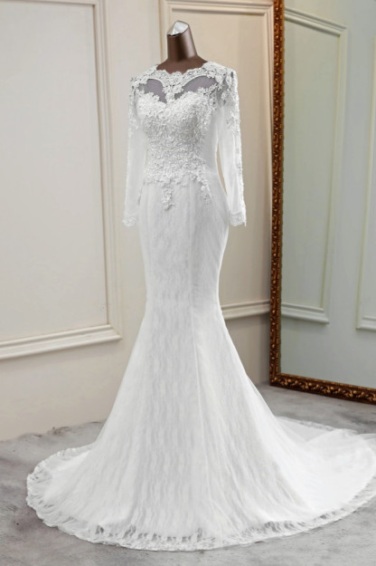 BMbridal Elegant Jewel Long Sleeves White Mermaid Wedding Dresses with Rhinestone Online